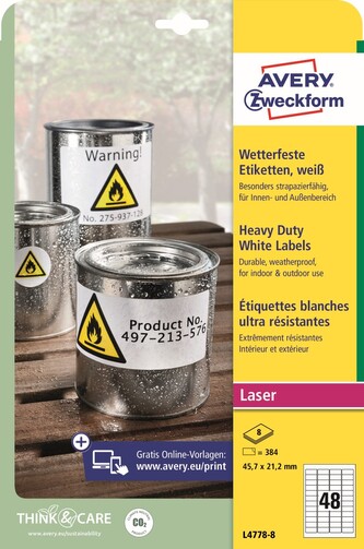 Avery Zweckform L4778-8 Odolné etikety 45,7 × 21,2 mm, 384 ks, 8 archů A4, bílé, PET