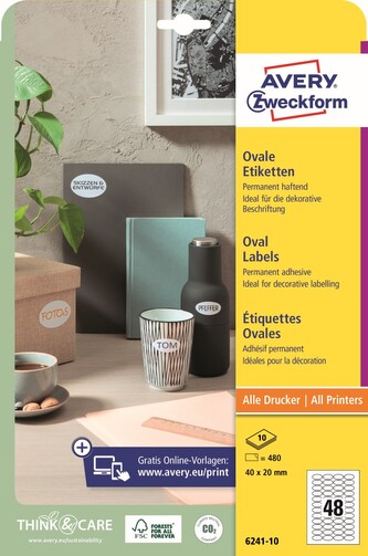 Avery Zweckform 6241-10 Oválné etikety 40 × 20 mm, 480 ks, 10 archů A4, bílé