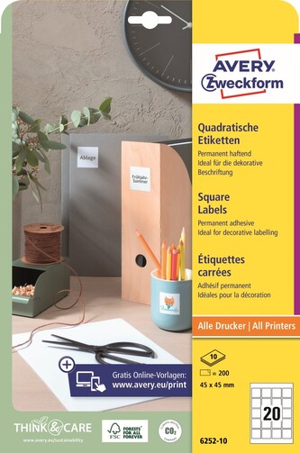 Avery Zweckform 6252-10 Čtvercové etikety 45 × 45 mm, 200 ks, 10 archů A4, bílé