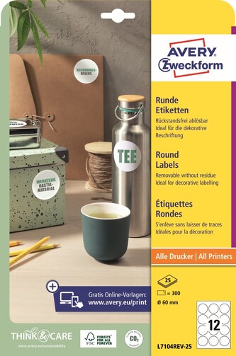 Avery Zweckform L7104REV-25 Kulaté etikety Ø 60 mm, 300 ks, 25 archů A4, bílé, snímatelné