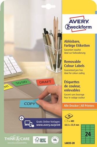 Avery Zweckform L6033-20 Barevné etikety 63,5 × 33,9 mm, 480 ks, 20 archů A4, zelené, snímatelné