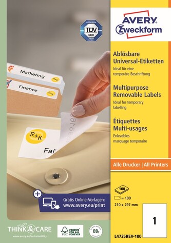 Avery Zweckform L4735REV-100 Snímatelné etikety 210 × 297 mm, 100 ks, 100 archů A4, bílé