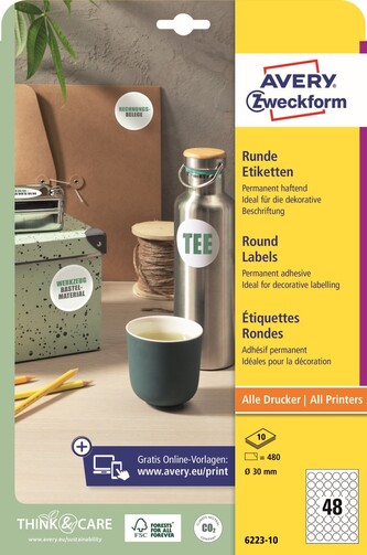 Avery Zweckform 6223-10 Kulaté etikety Ø 30 mm, 480 ks, 10 archů A4, bílé