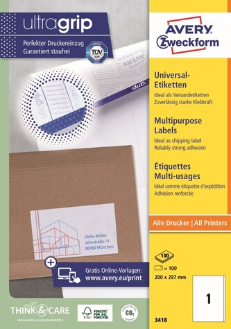 Avery Zweckform 3418 Samolepicí etikety 200 × 297 mm, 100 ks, 100 archů A4, bílé
