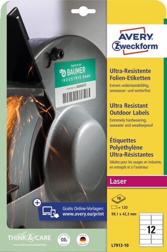 Avery Zweckform L7913-10 Ultra odolné etikety 99,1 x 42,3 mm, 120 ks, 10 archů A4, bílé, PE