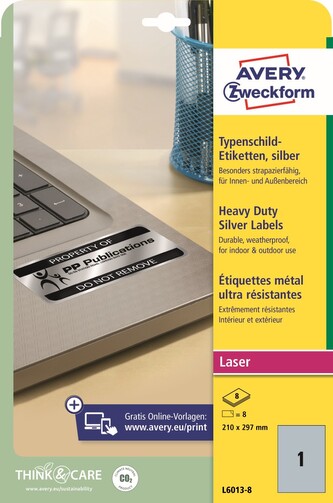 Avery Zweckform L6013-8 Odolné etikety 210 × 297 mm, 8 ks, 8 archů A4, stříbrné, PET