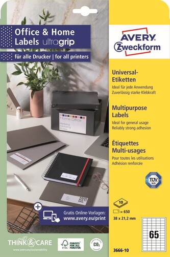Avery Zweckform 3666-10 Samolepicí etikety 38 × 21,2 mm, 650 ks, 10 archů A4, bílé
