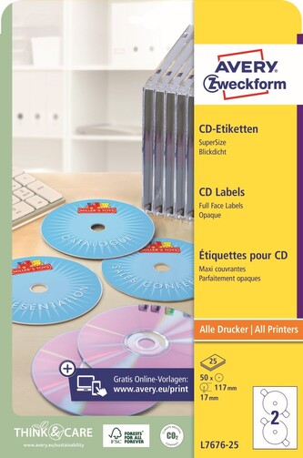 Avery Zweckform L7676-25 Etikety na CD Ø 117 mm, 25 archů, bílé