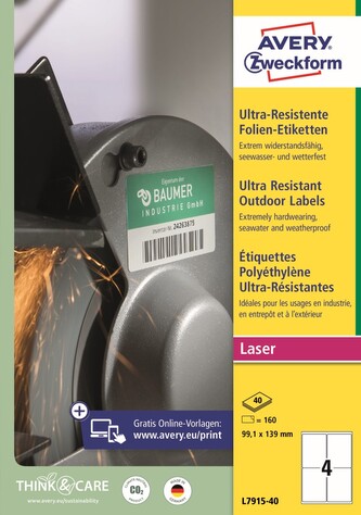 Avery Zweckform L7915-40 Ultra odolné etikety 99,1 x 139 mm, 160 ks, 40 archů A4, bílé, PE