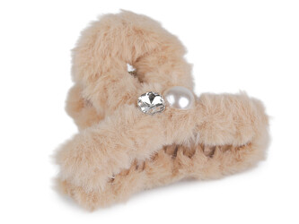 Skřipec do vlasů kožešinový s perlou a broušeným kamenem - 1 ks - 3 béžová