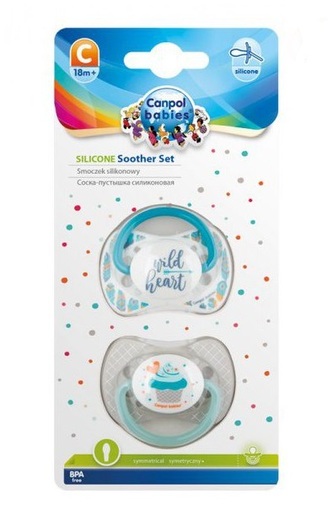 Sada 2 ks symetrických dudlíků, 6 - 18 m, Canpol Babies - Wild heart, Cupcake; modrá, šedá; silikon