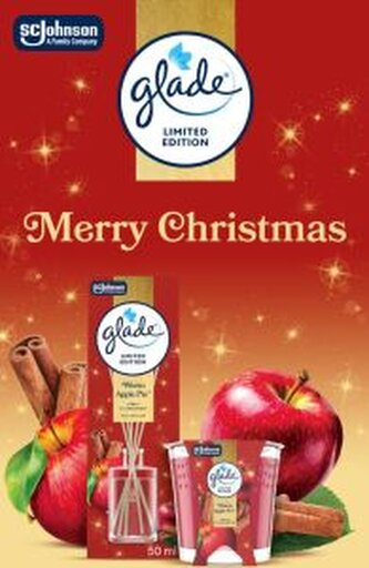 Glade Merry Christmas Warm Apple Pie jablko a skočice vonné tyčinky a vonná svíčka 50 ml + 112 g, dárková sada