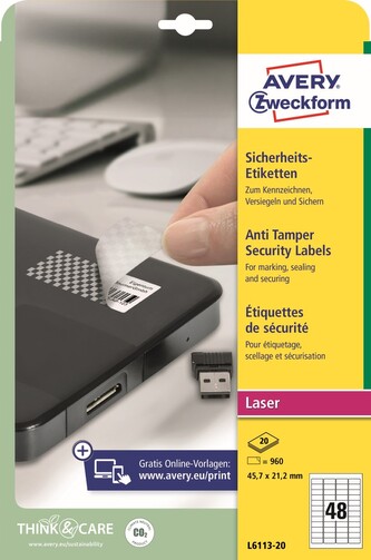 Avery Zweckform L6113-20 Bezpečnostní PET VOID etikety 45,7x21,2 mm, bílé