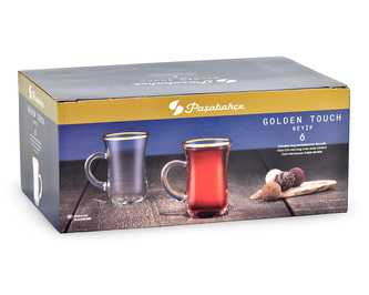 Sklenice na čaj s ouškem, zlatý okraj  1,40 dl - "Efe" - karton 6 ks