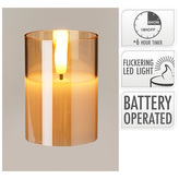 Skleněná LED svíčka s časovačem 7 cm, vosk uvnitř, realistický plamen, jantarová barva