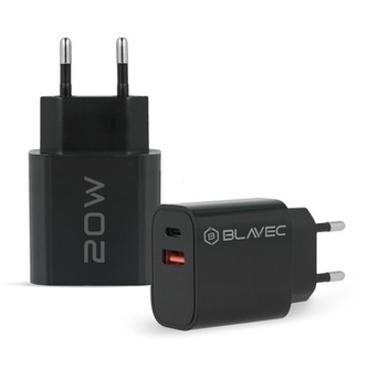 Cestovní nabíječ Blavec, 1x USB A, 1x USB C, PD 20W, QC 3.0, černá