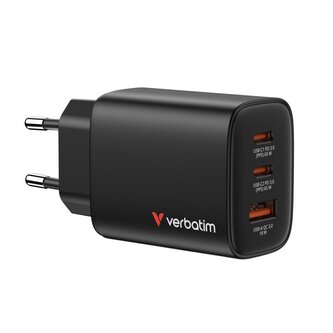Verbatim GaN cestovní adaptér Essentials 65W, 2×USB-C PD, 1×USB-A QC, EU konektor, černá