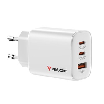 Verbatim GaN cestovní adaptér Essentials 65W, 2×USB-C PD, 1×USB-A QC, EU konektor, bílá