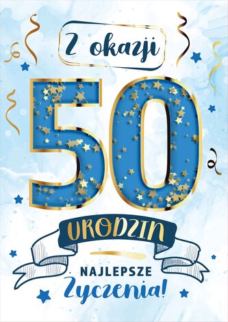 Karnet KF 50 Urodziny niebieskie, konfetti KF-016