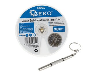 Šroubky a matičky na opravu brýlí a hodinek, s mini šroubovákem, sada 1000 ks - GEKO