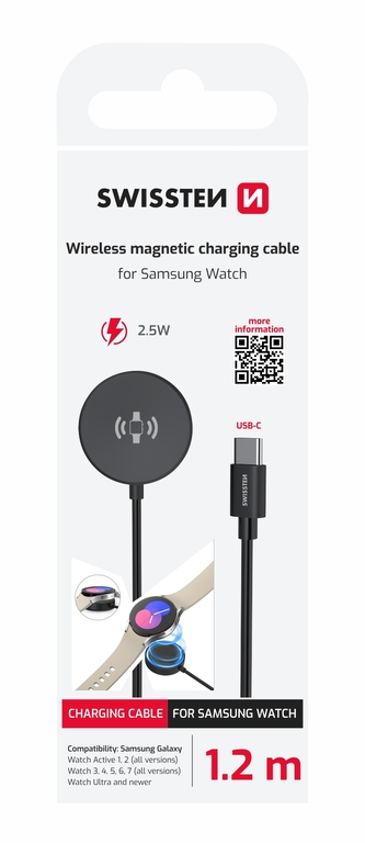 SWISSTEN MAGNETICKÝ KABEL PRO SAMSUNG GALAXY WATCH, USB-C 1.2 M ČERNÝ