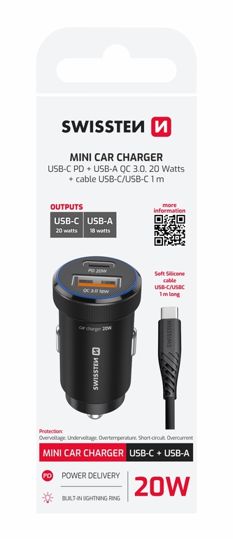 SWISSTEN CL ADAPTÉR USB-C PD + USB-A, 20W ČERNÝ + KABEL USB-C / USB-C, 1 M