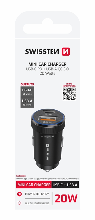 SWISSTEN CL ADAPTÉR PD, USB-C PD + USB-A, 20W ČERNÝ