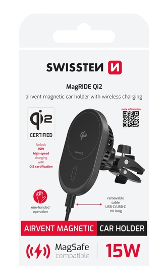 MAGNETICKÝ DRŽÁK DO VENTILACE AUTA SWISSTEN MagRide S BEZDRÁTOVÝM NABÍJENÍM Qi2 15W (kompatibilní s MagSafe)