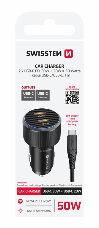 SWISSTEN CL ADAPTÉR 2x USB-C PD, 50W ČERNÝ + KABEL USB-C / USB-C, 1 M