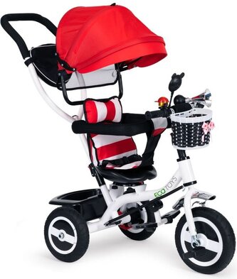 ECOTOYS Tříkolka se střechou a vodící tyčí červeno-bílá ECOTOYS Tříkolka se střechou a vodící tyčí červeno-bílá