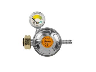 Regulátor tlaku plynu, 30mbar, 1.5kg/h, s pojistným ventilem a manometrem, pro hadici 9-10 mm BRADAS