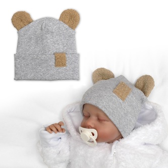 Dvouvrstvá žebrovaná čepička s oušky boucle medvídek - šedý melír, 68/74; 68/74 (6-9m); šedá; bavlna, elastan