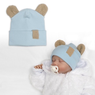 Dvouvrstvá žebrovaná čepička s oušky boucle medvídek - modrá; 56/62 (0-3m); modrá; bavlna, elastan