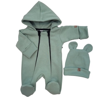 Oteplený dětský overal se šlapkama a kapucí + čepička, 2D, zelená, vel. 74; 74 (6-9m); zelená; bavlna, elastan
