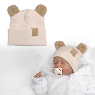Dvouvrstvá žebrovaná čepička s oušky boucle medvídek - béžová, 80/86; 80/86 (12-18m); béžová; bavlna, elastan