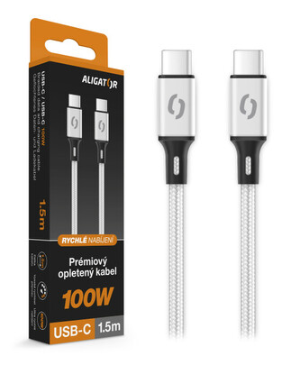 Datový kabel ALIGATOR PREMIUM 5A 100W, USB-C/USB-C, bílý