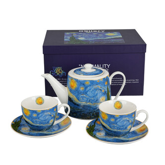Zestaw dzbanek z zaparzaczem ze stali nierdzewnej i 2 filiżanki ze spodkami STARRY NIGHT inspired by Van Gogh