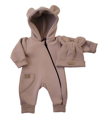 Oteplený dětský overal bez šlapek s kapucí + čepička, 2D, kakao, vel. 68; 68 (3-6m); béžová, hnědá