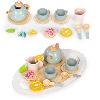 Dřevěná dětská čajová sada s konvicí a šálky, 14 dílů; vícebarevný; dřevo