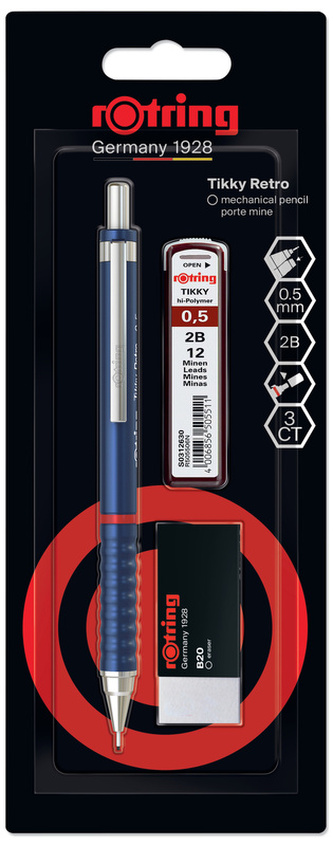 Ołówek automatyczny Tikky Retro 0.5 mm niebieski z grafitem 05 i gumką, Rotring
