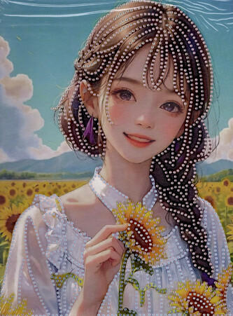 Diamantový obrázek na plátně 23 x 30 cm - dívka s copem a slunečnicí