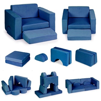 Kreativní dětská pohovka z měkkých polštářů – skládací modulární set 8 dílů - tm. modrá; modrá; pěna, polyester