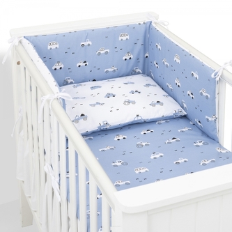 Mantinel s povlečením do postýlky, 3D sada Bavlna, Auta, jeans/bílá; 120x90 Mantinel s povlečením do postýlky, 3D sada Bavlna, Auta, jeans/bílá; 120x90