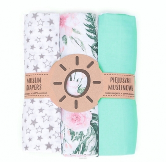 Mušelínové plenky 3ks + žínka zdarma - mátová, šedá, květy