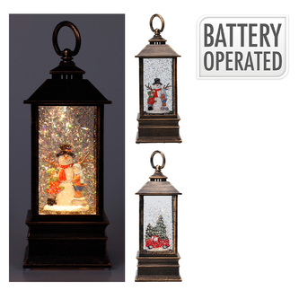 Lucerna se světlem LED a figurkou, uvnitř se třese sníh