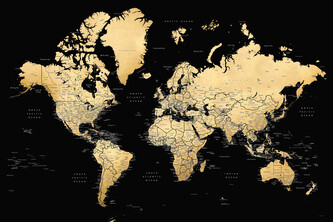 Plakát, Obraz - Blursbyai - Black and Gold world map, 120 × 80 cm