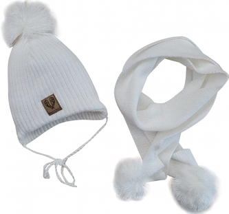 Dvouvrstvá pletená čepička na zavazování + šál s bambulky, bílá, vel. 68/74; 68/74 (6-9m)