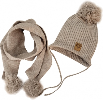 Dvouvrstvá pletená čepička na zavazování + šál s bambulky, béžový melírek, vel. 80/86; 80/86 (12-18m)