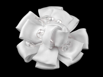 Brož saténový květ s broušenými kamínky Ø7 cm - 1 ks - 4 bílá