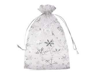Vánoční dárkový pytlík vločky 13x18 cm organza - 50 ks - 6 šedá nejsvětlejší stříbrná